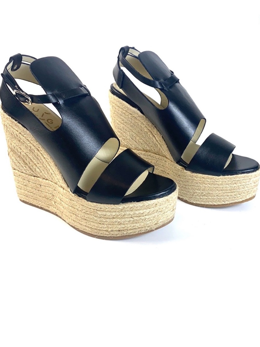 Ouigal Anthropologie Leather Woven Straw Platform Wedge Sandals